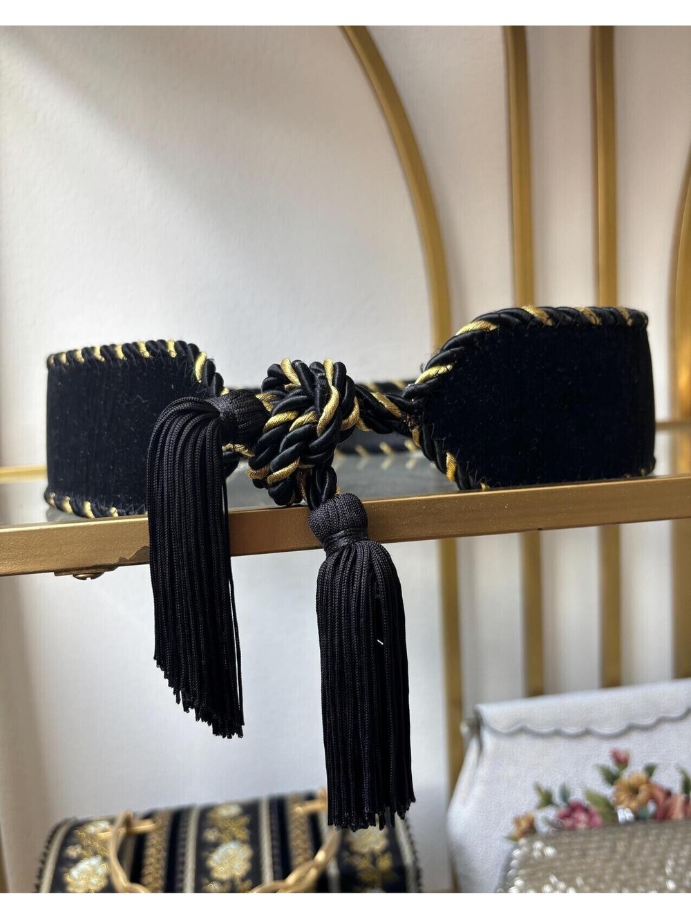 Vintage 1980s Mary McFadden Black Velvet Tassel Belt